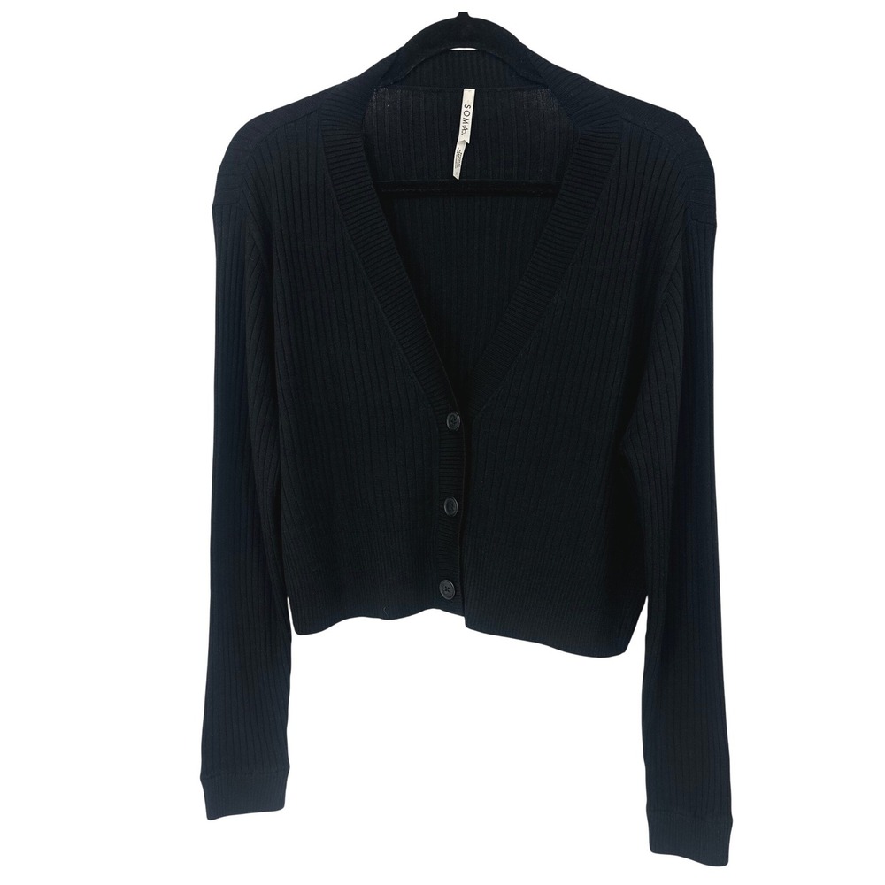 Soma Sweater Button Cardigan Womens Large Black Ribbed Recycled Yarn Minimalist‎